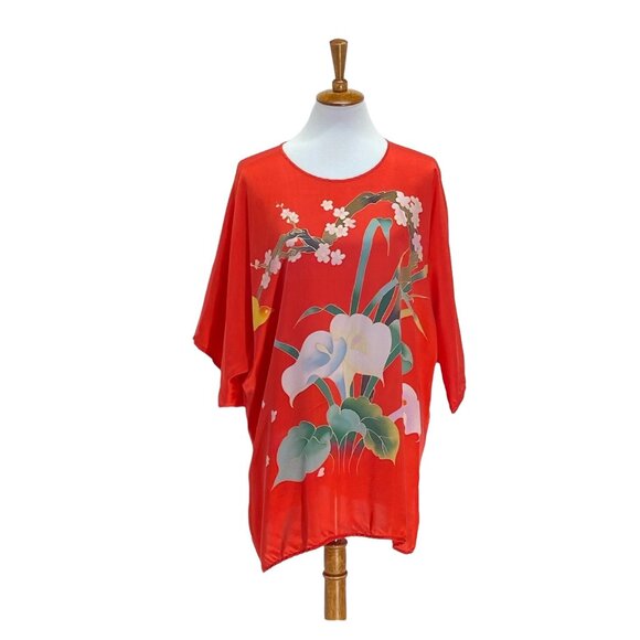 Silk Floral Kimono Red One Size Vintage - Picture 2 of 11